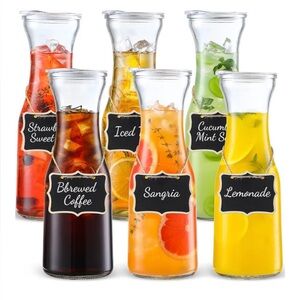 6 Pc Glass Carafes w/Lids, 1 Liter Beverage Serveware Carafes, Clear, NEW